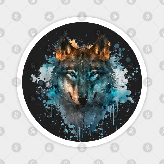 Blue Eyed Wolf Splatter Art Magnet by HolidayBug